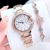 Đồng Hồ Nữ Amica A064 Viền Đính Đá Mặt Trắng Kim Loại Vàng Hồng Size 30mm