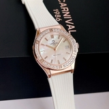 Đồng Hồ Nữ Carnival 8168L2 Dây Cao Su Trắng Mặt Xà Cừ Đính Đá Vỏ Vàng Hồng 34mm