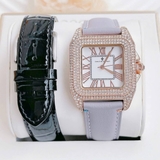 Đồng Hồ Nữ Christian Van Sant Dây Da Mặt Vuông Vàng Hồng Đính Đá Size 38mm