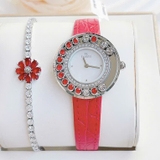 Đồng Hồ Nữ Franklin FL5888 Mặt Đá Đỏ Chạy Dây Da Đỏ Vỏ Kim Loại Silver Size 32mm