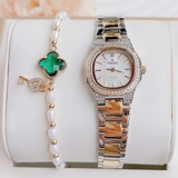 Đồng Hồ Nữ Franklin FL5388 Dây Demi Vàng Hồng Mặt Trắng Xà Cừ Viền Đính Đá Size 26mm