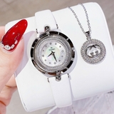 Đồng Hồ Nữ Franklin FL5488 Viền Xoay 2 Mặt Đính Đá Dây Da Trắng Silver Size 32mm