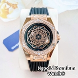 Đồng Hồ Nữ Hanboro Dây Silicone Đen Đính Đá Vỏ Vàng Hồng Size 38mm