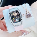 Đồng Hồ Nữ Hanboro Mặt Cười Vỏ Ovan Đá Ceramic Trắng Viền Đá Dây Cao Su Hồng Size 36mm