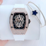 Đồng Hồ Nữ Mặt Ovan Nhện Đính Đá Dây Cao Su Trắng Vỏ Vàng Hồng Size 36mm