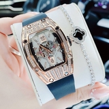 Đồng Hồ Nữ Hanboro Mặt Ovan Kim Loại Vàng Hồng Đính Đá Dây Cao Su Đen Size 36mm