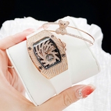 Đồng Hồ Nữ Hanboro Mặt Ovan Xoáy Kim Loại Vàng Hồng Đính Full Đá Dây Cao Su Trắng Size 36mm