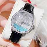 Đồng Hồ Nữ Hanboro Mặt Thuyền Buồm Đính Đá Dây Da Đen Vỏ Silver Size 33mm