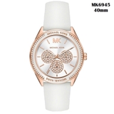 Đồng Hồ Nữ Michael Kors MK6945 Mặt Trắng 6 Kim Đính Đá Dây Cao Su Trắng Kim Loại Mạ Vàng Hồng Size 40mm