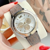 Đồng Hồ Nữ Michael Kors MK7205 Mặt Trắng 6 Kim Đính Đá Dây Cao Su Nâu Kim Loại Demi Vàng Size 40mm
