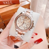 Đồng Hồ Nữ Michael Kors MK7214 Mặt Trắng 6 Kim Chronograph Viền Đá Kim Loại Demi Vàng Hồng Size 36mm