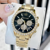 Đồng Hồ Nữ (Unisex) Michael Kors MK7414 Mặt Đen 6 Kim Chronograph Viền Đá Kim Loại Mạ Vàng Size 40mm