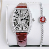 Đồng Hồ Nữ Rivero R2603 Dây Da Đỏ Vỏ Silver Đính Đá Size 32mm