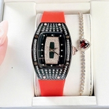 Đồng Hồ Nữ Rivero R9005 Dây Silicone Đỏ Đính Đá Vỏ Đen Size 36mm