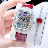 Đồng Hồ Nữ Rivero R9006 Dây Da Đỏ Vỏ Ovan Silver Đính Đá Size 32mm