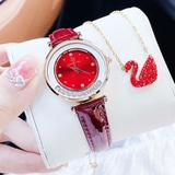 Đồng Hồ Nữ Roberto Era Mặt Đỏ Viền Đá Chạy Dây Da Đỏ Kim Loại Vàng Hồng Máy Pin Size 32mm