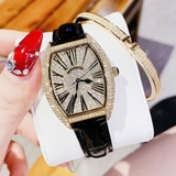 Đồng Hồ Nữ Roberto Era Mặt Ovan Kim Loại Mạ Vàng Đính Đá Số La Mã Dây Da Đen Size 36mm