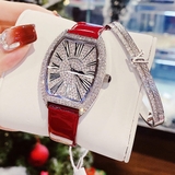 Đồng Hồ Nữ Roberto Era Mặt Ovan Đính Full Đá Vạch La Mã Dây Da Đỏ Kim Loại Silver Size 36mm