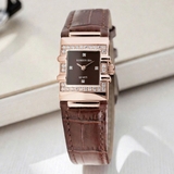 Đồng Hồ Nữ Roberto Era RE160 Mặt Vuông Đen Đính Đá Dây Da Nâu Vỏ Vàng Hồng Size 20x30mm