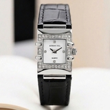 Đồng Hồ Nữ Roberto Era RE1601 Mặt Vuông Trắng Xà Cừ Đính Đá Dây Da Đen 20x30mm