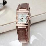 Đồng Hồ Nữ Roberto Era RE160 Mặt Vuông Trắng Xà Cừ Đính Đá Dây Da Nâu Vỏ Rose 20x30mm