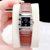 Đồng Hồ Nữ Roberto Era RE160 Mặt Vuông Đen Đính Đá Dây Da Nâu Size 20x30mm