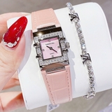 Đồng Hồ Nữ Roberto Era RE160 Mặt Vuông Hồng Đính Đá Dây Da Hồng Size 20x30mm