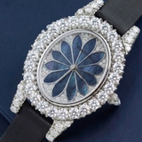 Đồng Hồ Nữ Roberto Era RE2200 Mặt Ovan Bông Hoa Đen Xà Cừ Đính Đá Dây Da Đen Silver Size 32mm