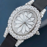 Đồng Hồ Nữ Roberto Era RE2200 Mặt Ovan Bông Hoa Xà Cừ Đính Đá Dây Da Đen Silver Size 32mm