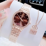 Đồng Hồ Nữ Roberto Era RE290 Mặt Nâu Máy Thụy Đính Đá Vỏ Vàng Hồng Size 30mm