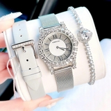 Set Đồng Hồ Nữ Roberto Era Mặt Trắng Đính Full Đá Dây Da Xám Kèm Dây Lưới Kim Loại Silver 31mm