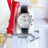 Đồng Hồ Nữ Royal Crown 6420 Dây Da Đen - Đỏ Đính Đá Vỏ Silver Size 35mm