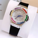 Đồng Hồ Nữ X-cer B0639 Dây Cao Su Đen Mặt Đính Đá 7 Màu Vỏ Silver Size 34mm