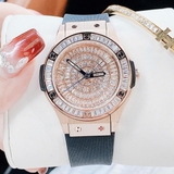 Đồng Hồ Nữ X-cer B0639 Dây Cao Su Đen Mặt Đính Đá Vỏ Vàng Hồng Size 34mm