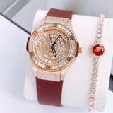 Đồng Hồ Nữ X-cer B0639 Dây Cao Su Nâu Mặt Đính Đá Vỏ Vàng Hồng Size 34mm