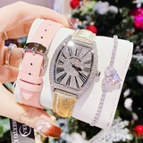 Set Đồng Hồ Nữ Roberto Era Dây Da Hồng Mặt Van Đính Đá Silver Size 36mm