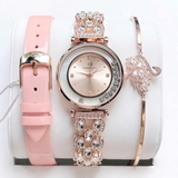 Set Đồng Hồ Nữ Roberto Era Dây Da Hồng Vỏ Vàng Hồng Đá Chảy Size 32mm