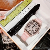 Set Đồng Hồ Nữ Roberto Era Mặt Số Ovan Kim Loại Vàng Hồng Đính Đá Dây Da Size 36mm