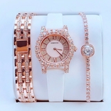 Set Đồng Hồ Nữ Roberto Era Dây Da Trắng Đính Đá Vỏ Vàng Hồng Size 31mm