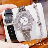 Set Đồng Hồ Nữ Roberto Era RE8348 Đính Đá Vỏ Silver Dây Da Đen Size 31mm