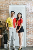 Couple White Split mix Yellow Red Block Premium Polo