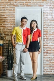 Couple White Split mix Yellow Red Block Premium Polo