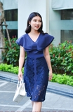 Classy Wing Sleeve Twinkle Lace Navy Dress