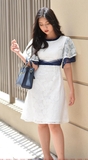 Lace Fabric Pleated Neck Waist Dress
