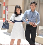 Couple Navy Striped Shirt & Classy Pleated Lace Dress