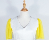 Yellow Mesh Sleeve Black Bow Rippled White Dress