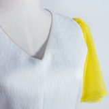 Yellow Mesh Sleeve Black Bow Rippled White Dress