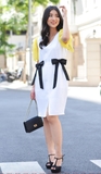 Yellow Mesh Sleeve Black Bow Rippled White Dress
