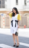 Yellow Mesh Sleeve Black Bow Rippled White Dress