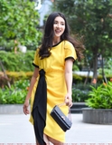 Pleated Neck Sleeve Black Band Yellow Dress